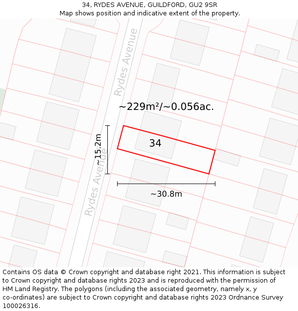 34, RYDES AVENUE, GUILDFORD, GU2 9SR: Plot and title map