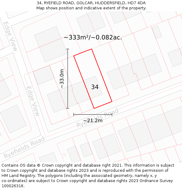 34, RYEFIELD ROAD, GOLCAR, HUDDERSFIELD, HD7 4DA: Plot and title map