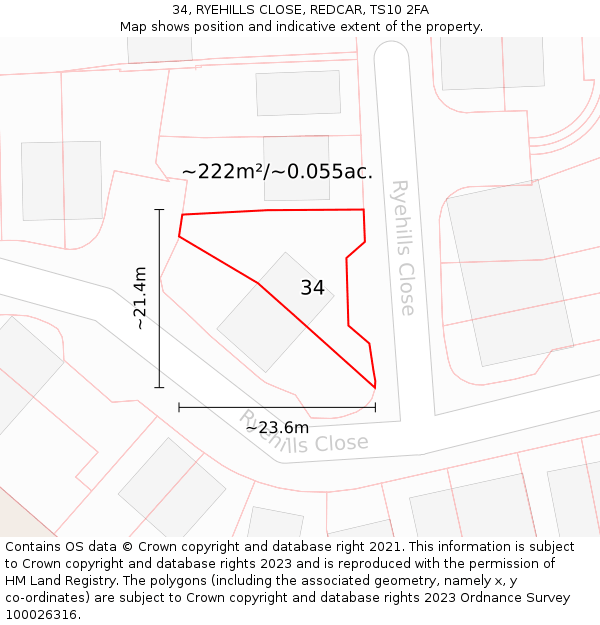 34, RYEHILLS CLOSE, REDCAR, TS10 2FA: Plot and title map