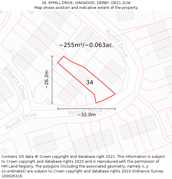 34, RYMILL DRIVE, OAKWOOD, DERBY, DE21 2UW: Plot and title map