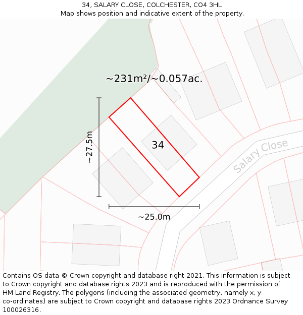 34, SALARY CLOSE, COLCHESTER, CO4 3HL: Plot and title map