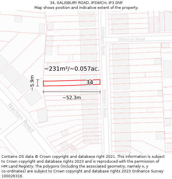 34, SALISBURY ROAD, IPSWICH, IP3 0NP: Plot and title map