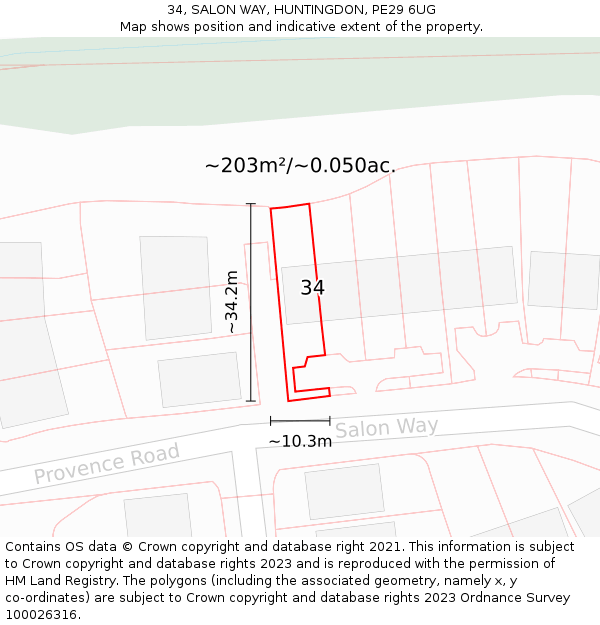 34, SALON WAY, HUNTINGDON, PE29 6UG: Plot and title map