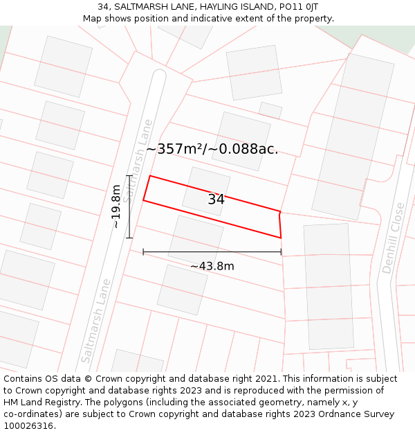 34, SALTMARSH LANE, HAYLING ISLAND, PO11 0JT: Plot and title map