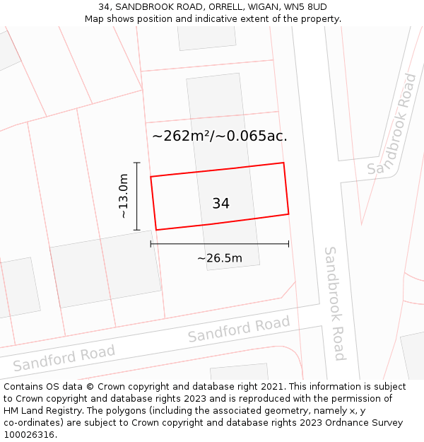 34, SANDBROOK ROAD, ORRELL, WIGAN, WN5 8UD: Plot and title map