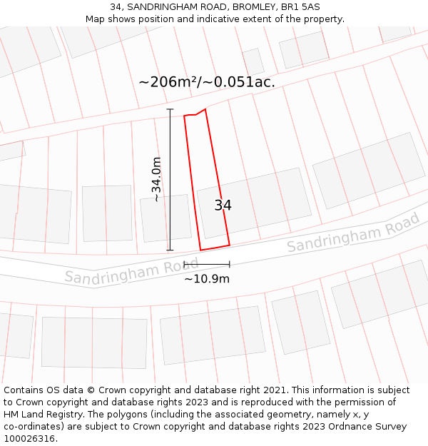 34, SANDRINGHAM ROAD, BROMLEY, BR1 5AS: Plot and title map