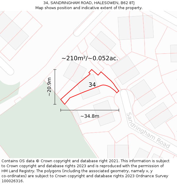 34, SANDRINGHAM ROAD, HALESOWEN, B62 8TJ: Plot and title map