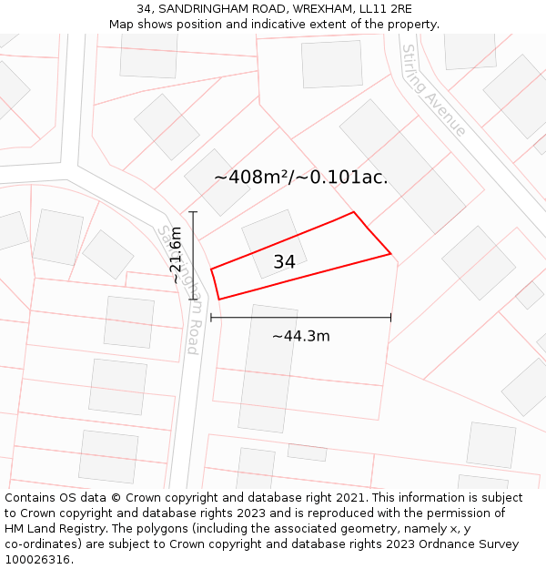 34, SANDRINGHAM ROAD, WREXHAM, LL11 2RE: Plot and title map