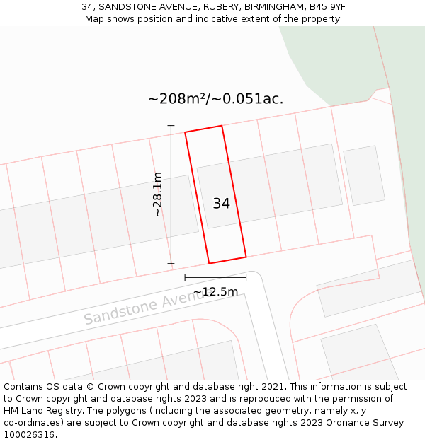34, SANDSTONE AVENUE, RUBERY, BIRMINGHAM, B45 9YF: Plot and title map