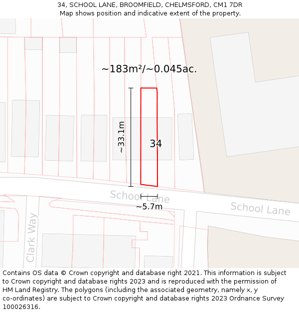 34, SCHOOL LANE, BROOMFIELD, CHELMSFORD, CM1 7DR: Plot and title map