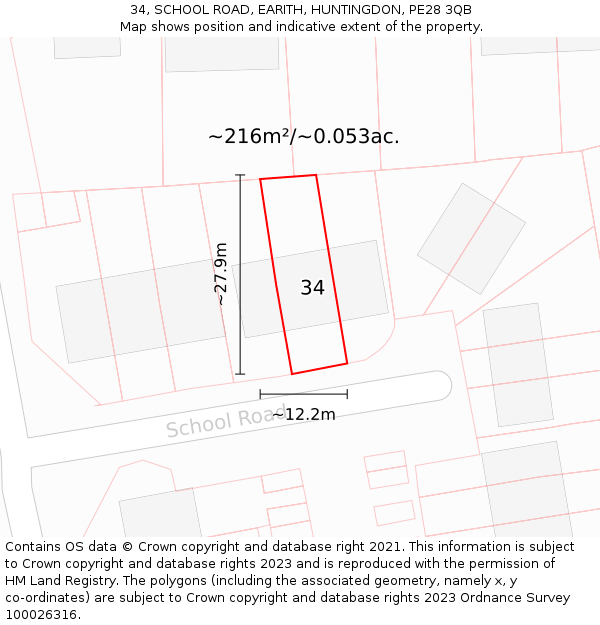 34, SCHOOL ROAD, EARITH, HUNTINGDON, PE28 3QB: Plot and title map