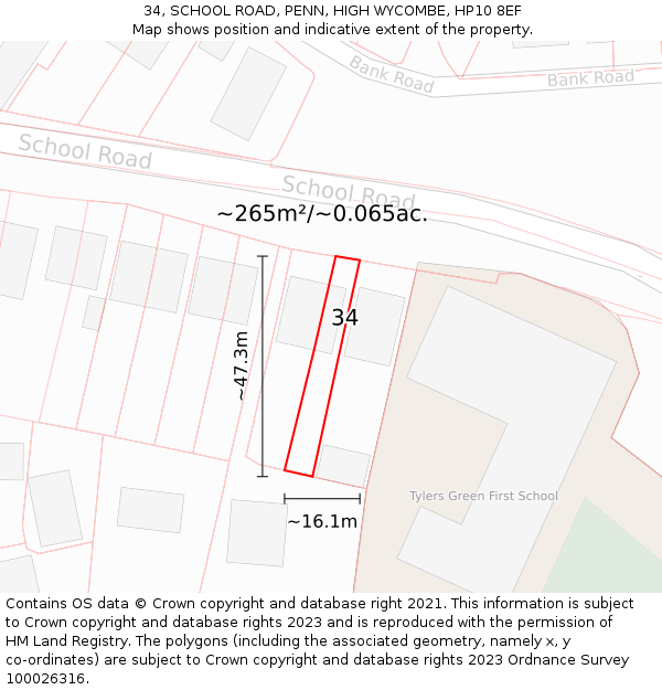 34, SCHOOL ROAD, PENN, HIGH WYCOMBE, HP10 8EF: Plot and title map