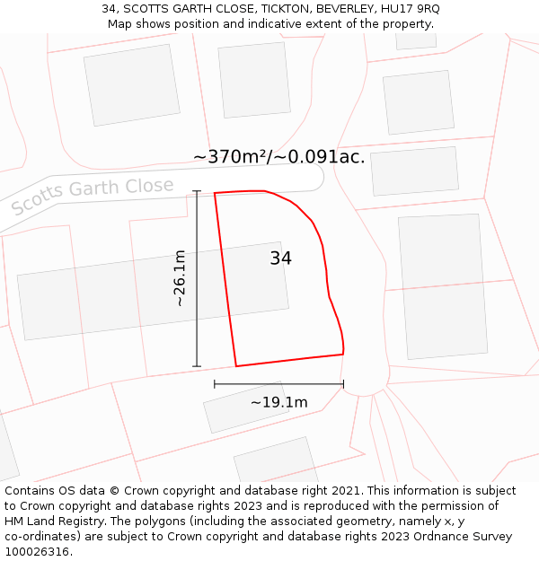 34, SCOTTS GARTH CLOSE, TICKTON, BEVERLEY, HU17 9RQ: Plot and title map