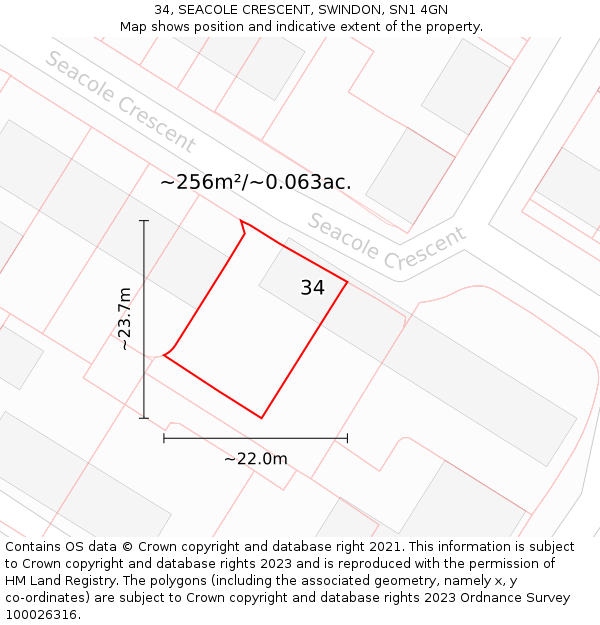 34, SEACOLE CRESCENT, SWINDON, SN1 4GN: Plot and title map