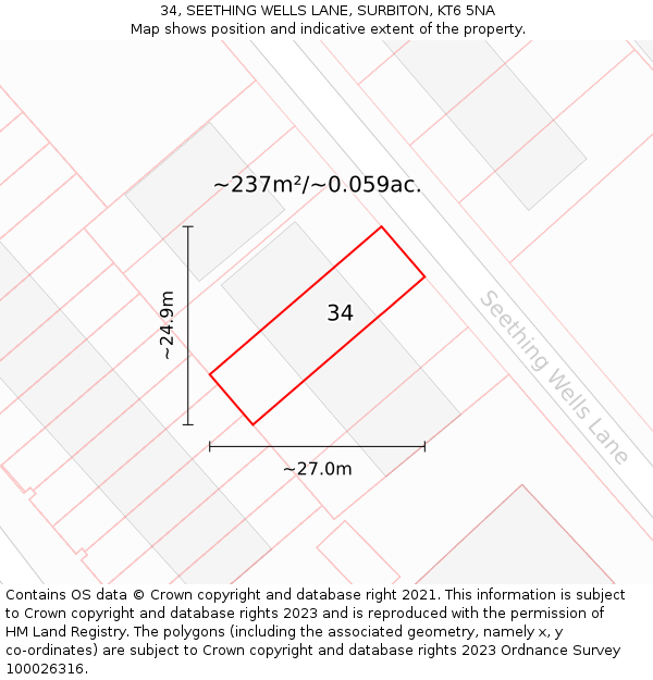 34, SEETHING WELLS LANE, SURBITON, KT6 5NA: Plot and title map