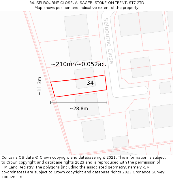 34, SELBOURNE CLOSE, ALSAGER, STOKE-ON-TRENT, ST7 2TD: Plot and title map