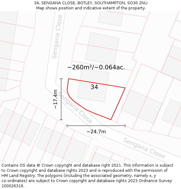 34, SENGANA CLOSE, BOTLEY, SOUTHAMPTON, SO30 2NU: Plot and title map