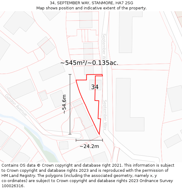 34, SEPTEMBER WAY, STANMORE, HA7 2SG: Plot and title map