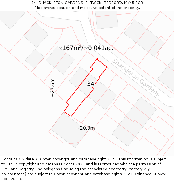 34, SHACKLETON GARDENS, FLITWICK, BEDFORD, MK45 1GR: Plot and title map
