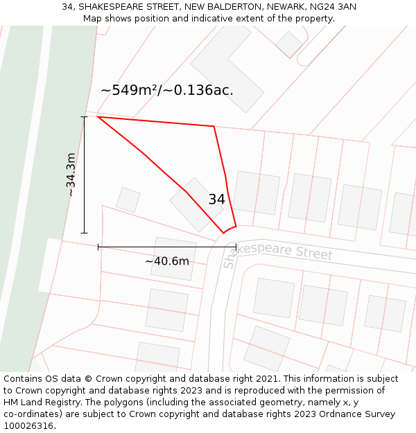 34, SHAKESPEARE STREET, NEW BALDERTON, NEWARK, NG24 3AN: Plot and title map