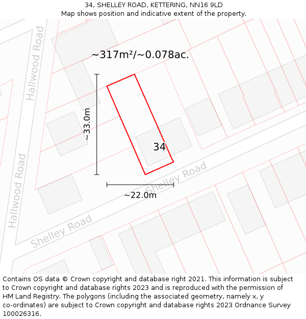 34, SHELLEY ROAD, KETTERING, NN16 9LD: Plot and title map