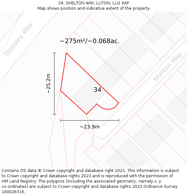 34, SHELTON WAY, LUTON, LU2 9AP: Plot and title map