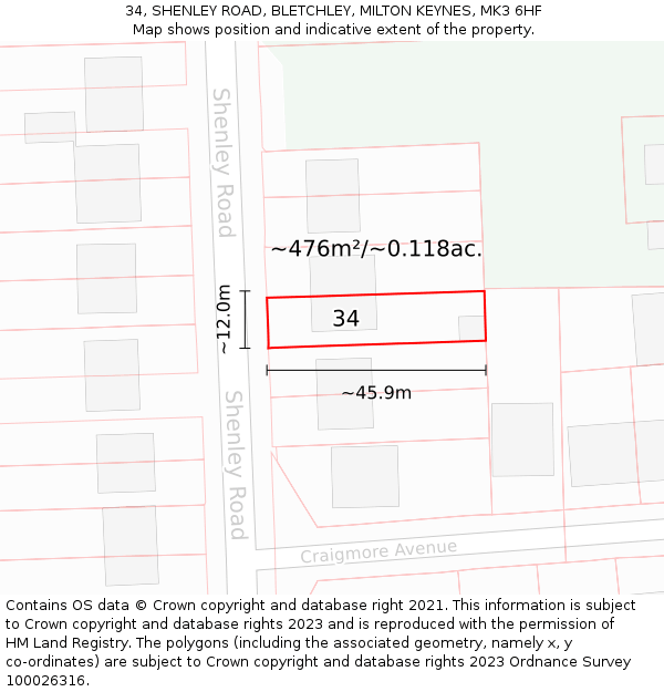 34, SHENLEY ROAD, BLETCHLEY, MILTON KEYNES, MK3 6HF: Plot and title map