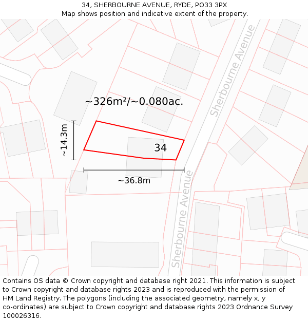 34, SHERBOURNE AVENUE, RYDE, PO33 3PX: Plot and title map
