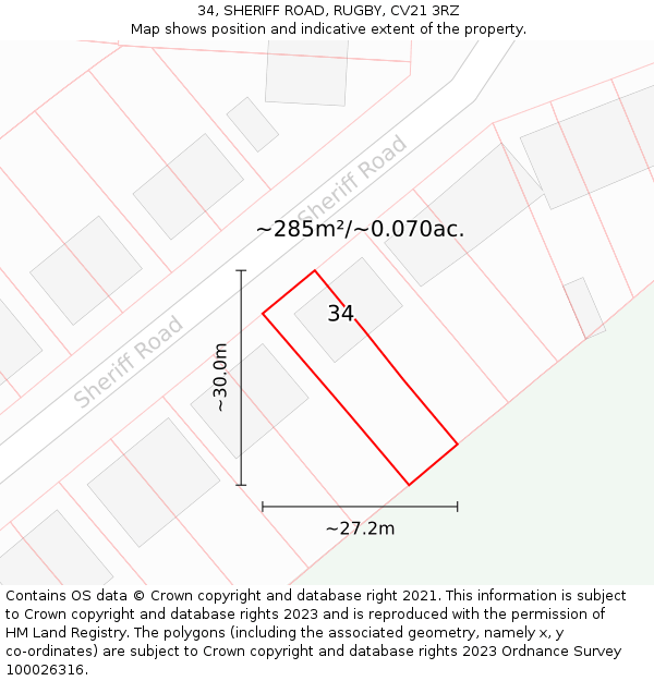 34, SHERIFF ROAD, RUGBY, CV21 3RZ: Plot and title map
