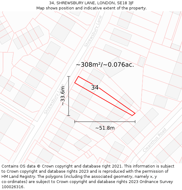 34, SHREWSBURY LANE, LONDON, SE18 3JF: Plot and title map