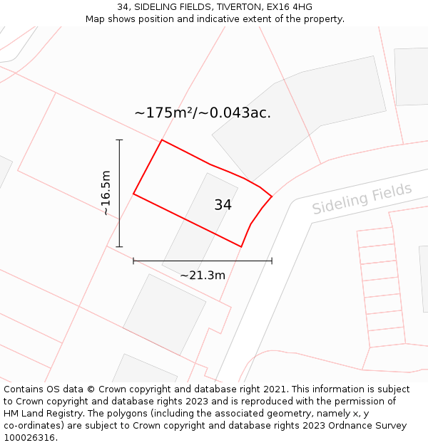 34, SIDELING FIELDS, TIVERTON, EX16 4HG: Plot and title map