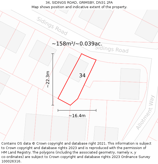 34, SIDINGS ROAD, GRIMSBY, DN31 2FA: Plot and title map