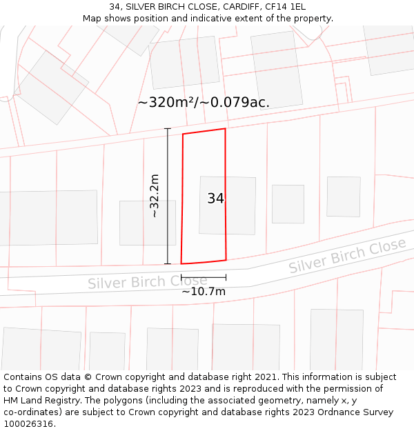 34, SILVER BIRCH CLOSE, CARDIFF, CF14 1EL: Plot and title map