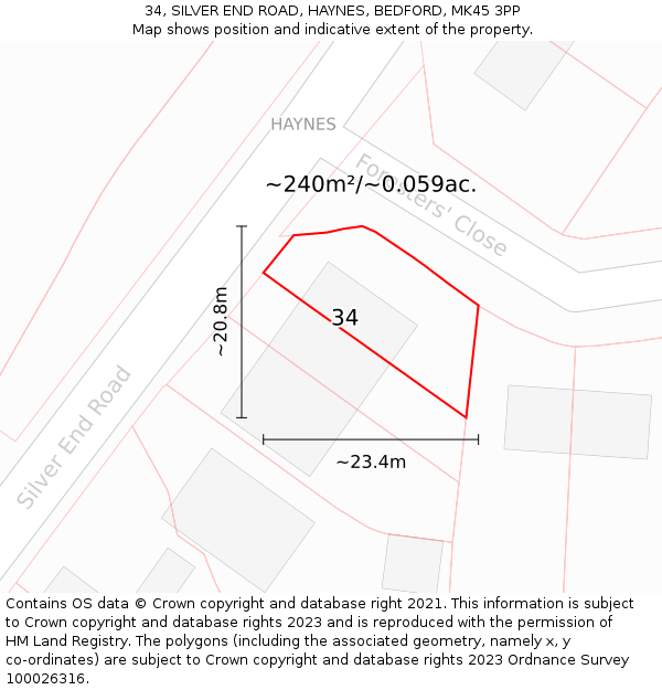 34, SILVER END ROAD, HAYNES, BEDFORD, MK45 3PP: Plot and title map