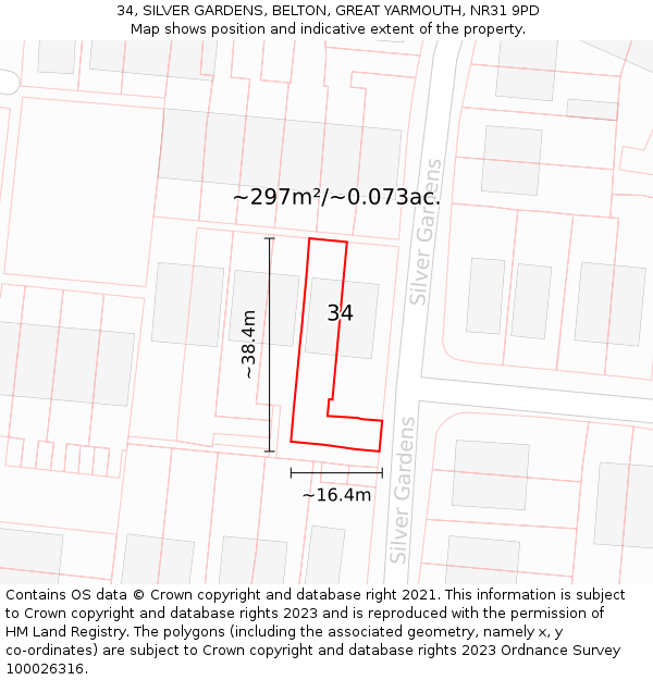 34, SILVER GARDENS, BELTON, GREAT YARMOUTH, NR31 9PD: Plot and title map
