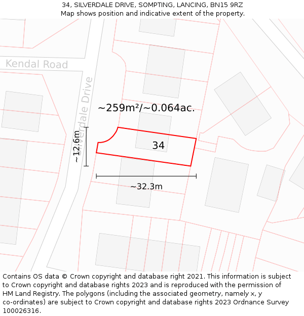 34, SILVERDALE DRIVE, SOMPTING, LANCING, BN15 9RZ: Plot and title map