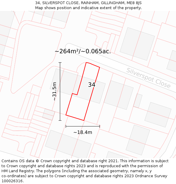 34, SILVERSPOT CLOSE, RAINHAM, GILLINGHAM, ME8 8JS: Plot and title map