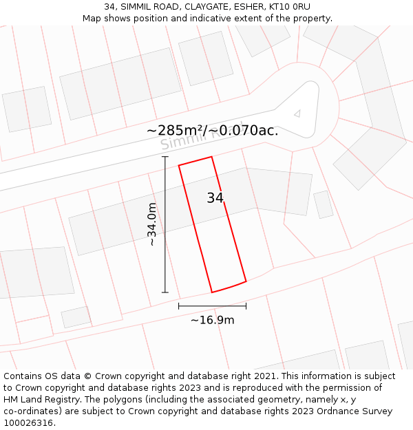 34, SIMMIL ROAD, CLAYGATE, ESHER, KT10 0RU: Plot and title map
