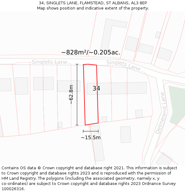 34, SINGLETS LANE, FLAMSTEAD, ST ALBANS, AL3 8EP: Plot and title map