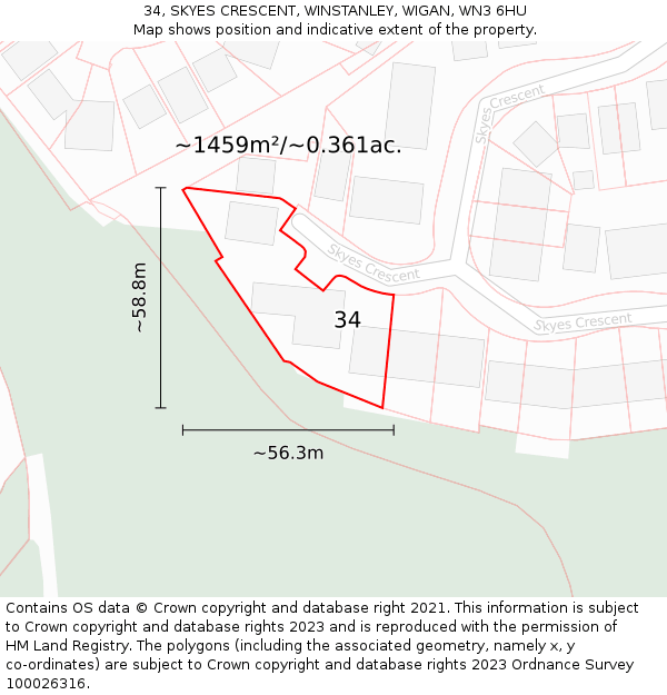 34, SKYES CRESCENT, WINSTANLEY, WIGAN, WN3 6HU: Plot and title map