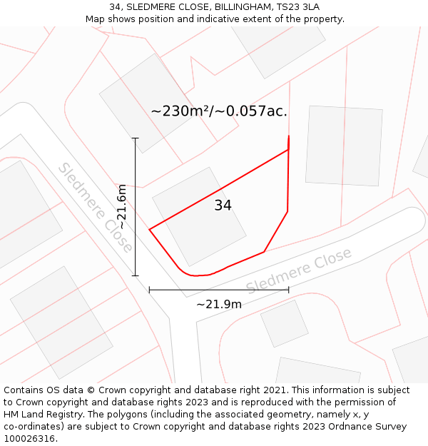 34, SLEDMERE CLOSE, BILLINGHAM, TS23 3LA: Plot and title map