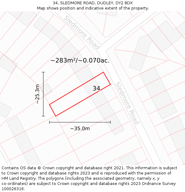 34, SLEDMORE ROAD, DUDLEY, DY2 8DX: Plot and title map