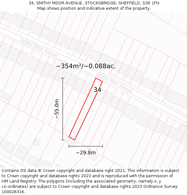 34, SMITHY MOOR AVENUE, STOCKSBRIDGE, SHEFFIELD, S36 1FN: Plot and title map