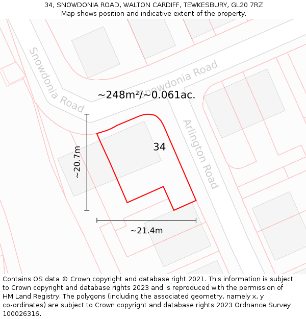 34, SNOWDONIA ROAD, WALTON CARDIFF, TEWKESBURY, GL20 7RZ: Plot and title map