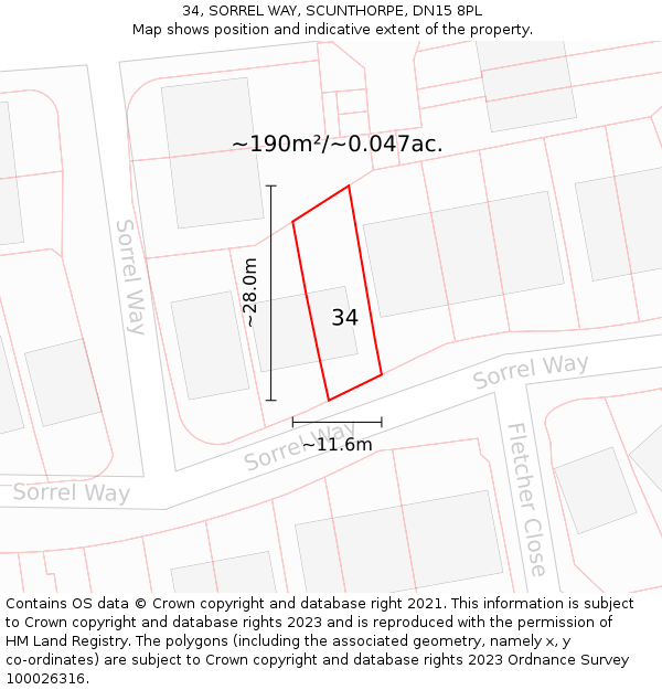 34, SORREL WAY, SCUNTHORPE, DN15 8PL: Plot and title map