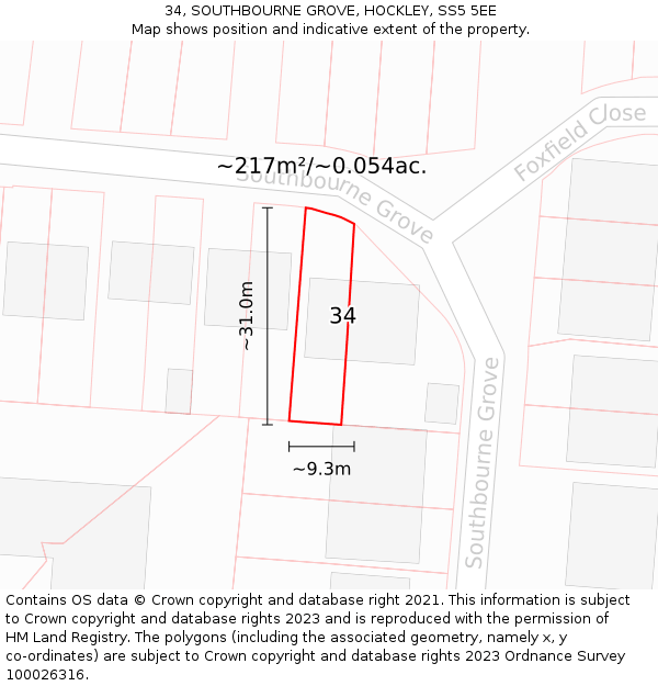 34, SOUTHBOURNE GROVE, HOCKLEY, SS5 5EE: Plot and title map
