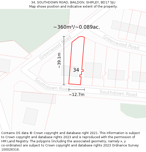 34, SOUTHDOWN ROAD, BAILDON, SHIPLEY, BD17 5JU: Plot and title map