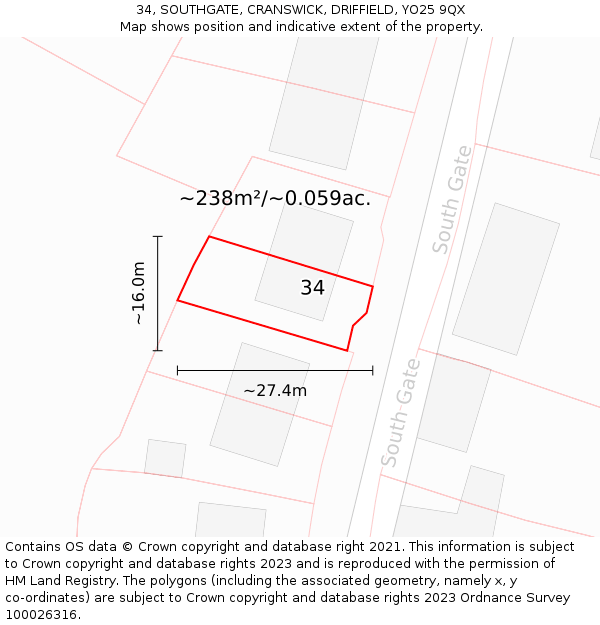 34, SOUTHGATE, CRANSWICK, DRIFFIELD, YO25 9QX: Plot and title map