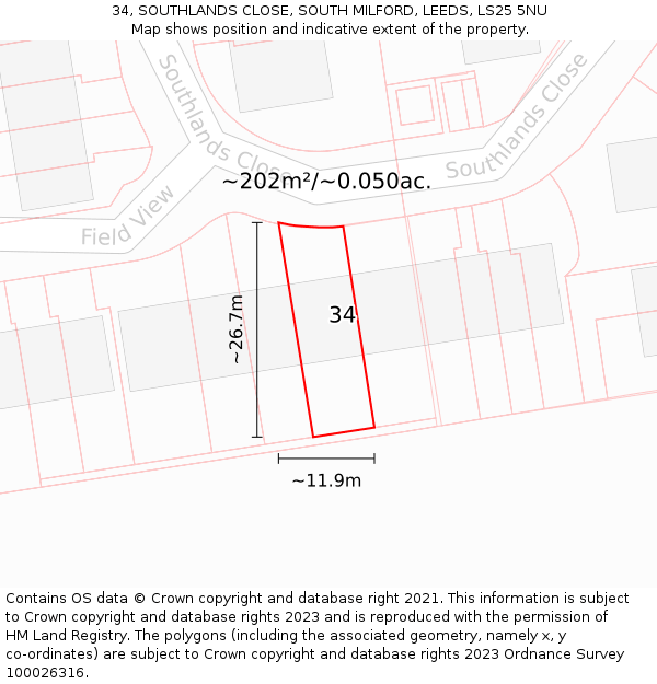 34, SOUTHLANDS CLOSE, SOUTH MILFORD, LEEDS, LS25 5NU: Plot and title map