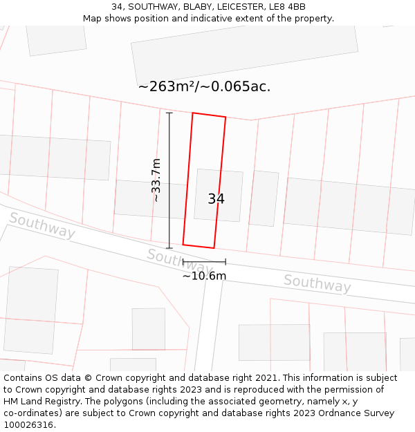 34, SOUTHWAY, BLABY, LEICESTER, LE8 4BB: Plot and title map
